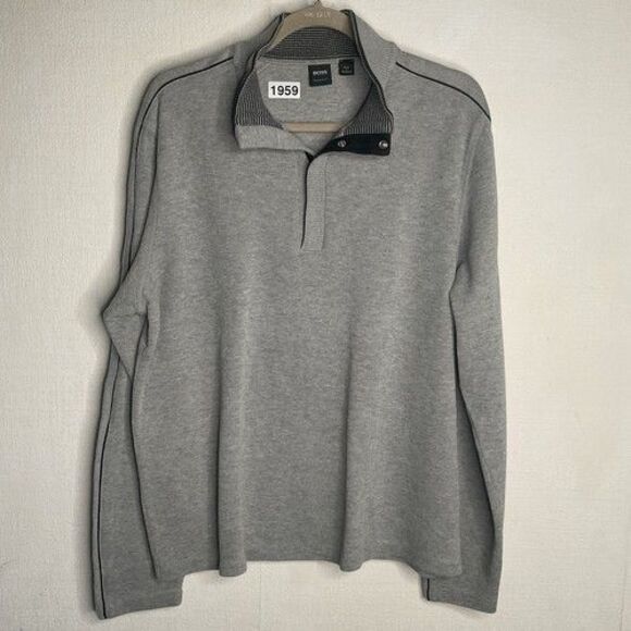 NWOT Hugo Boss Knit 1/4 Snap MockNeck Sweater Men Size XL Grey Casual Preppy - Picture 1 of 13
